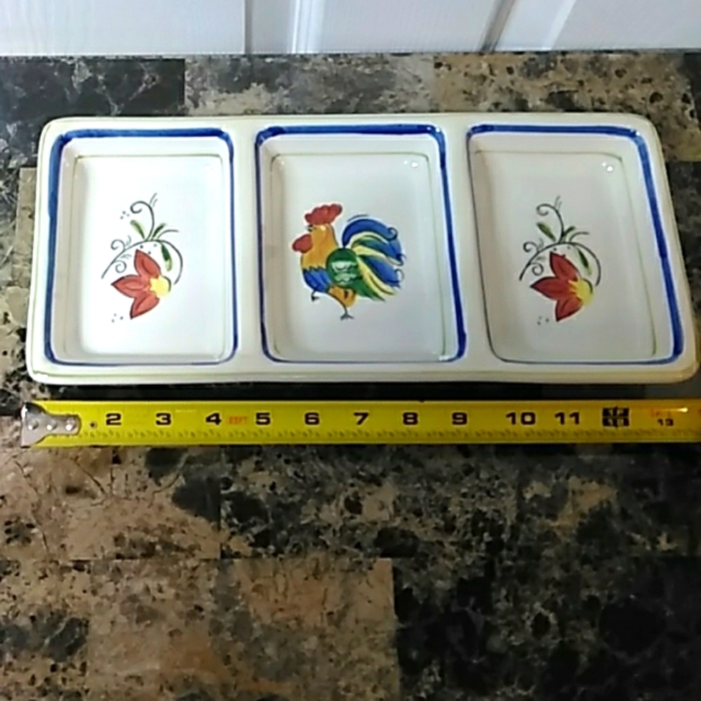 Tabletops Gallery "Luna Rooster" hand painted hand crafted farmhouse kitchenware